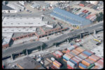 Aerial view of collapsed sections of the Cypress Street viaduct of Interstate Highway 880 in Oakland, CAH.G. Wilshire USGS,