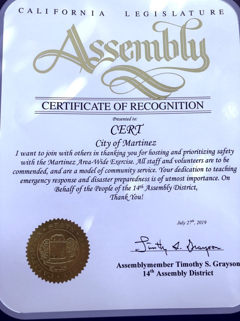 Certificate of Recognition from California Legislative Assemblymember Grayson