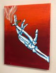 painting on the wall: skeleton hand holding a smoke